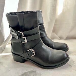 Genuine Leather Biker Style Ankle Boots with Buckles and Silver Hardware, size 6